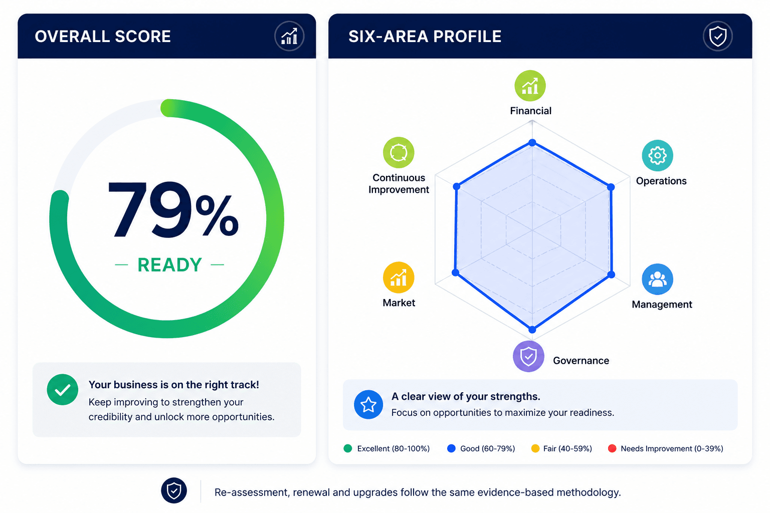 Sample result: an overall readiness score of 79% and a six-area profile chart